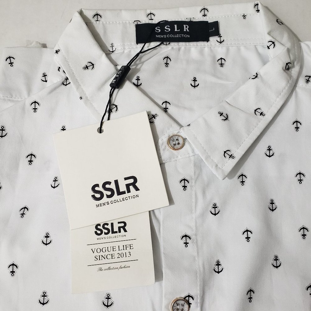 SSLR Large Men's White Black Anchor Hawaiian Long Sleeve Button Down Shirt NWT